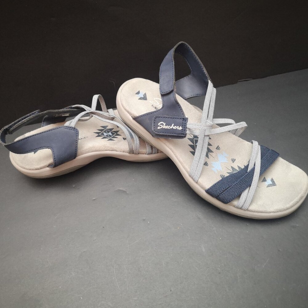 Skechers Ladies Size 7 Reggae Slim - Takes Two Navy & Grey Memory Foam Sandals - Picture 1 of 8